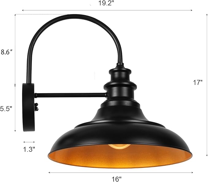 Dusk to Dawn Sensor Outdoor Barn Light Fixtures, 16 Inch Dome Farmhouse Outdoor Wall Sconces, Rustic Exterior Wall Mount Lights, Industrial Black Gold Wall Lanterns for Porch, 2 Pack