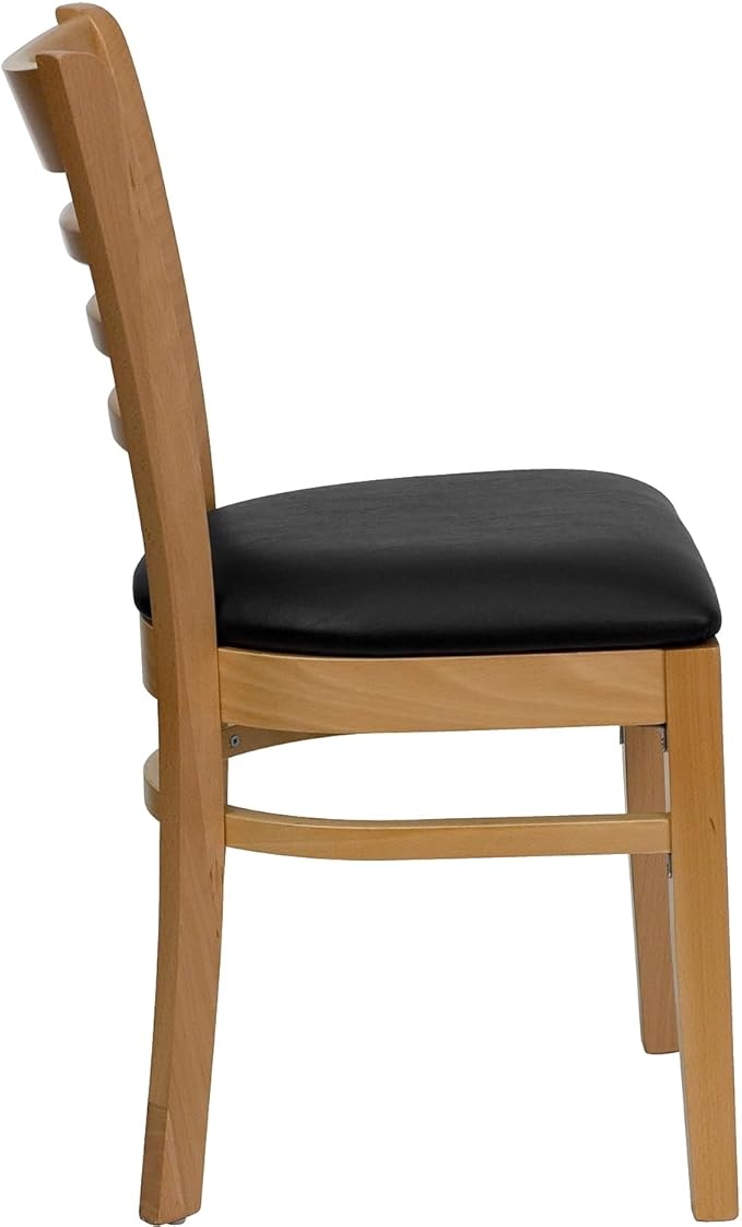 Flash Furniture 2 Pack HERCULES Series Ladder Back Natural Wood Restaurant Chair - Black Vinyl Seat