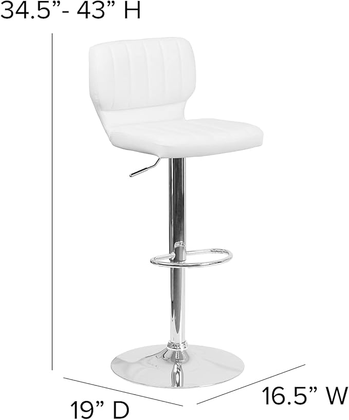 Flash Furniture Jeremy Contemporary White Vinyl Adjustable Height Barstool with Vertical Stitch Back and Chrome Base