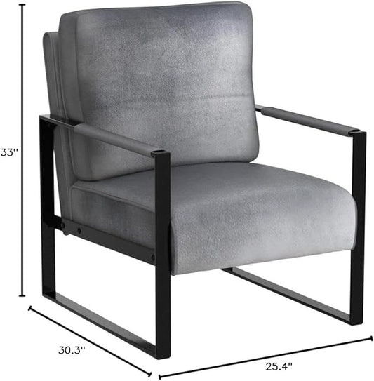 Container Furniture Classic Mid Century Modern Accent Chair with Durable Square Metal Frame, Armchair for Living Room, Bedroom, Home Office in Plush Velvet Upholstery, Grey