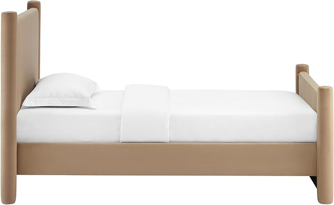 Modway Rael Twin Platform Bed Frame with Upholstered Headboard and Footboard in Taupe – Stain-Resistant Performance Velvet Twin Size Bed with Rounded Posts