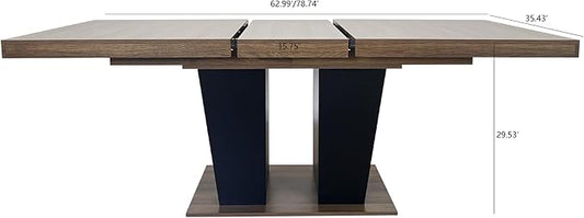 63" - 79" Extendable Dining Room Table, Expandable Kitchen Table for 6 to 10 People, Modern Wood Conference Table, Large Dining Table(Brown & Black, Pedestal Base B)