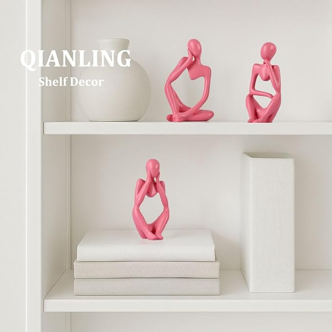 Pink Thinker Statue Decor for TV Stand, Shelf, Desk, or Coffee Table - Set of 3 Resin Figurines for Living Room Decorative Objects, Modern Sculpture, Minimalist Bookcase Decor, Home Accents