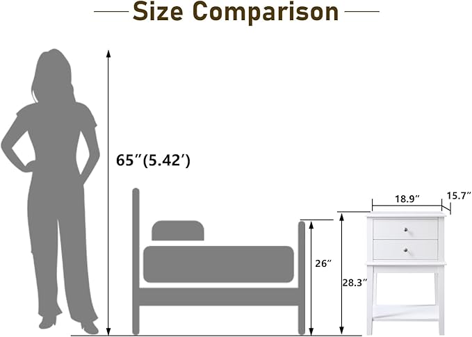 conifferism White Nightstand 2 Drawers and Storage Shelf, 28 Inch High Bedroom Night Stand, Contemporary Modern Bed Side Table, Living Room Country Cottage 19 Inch Wide End Table Metal Sliders