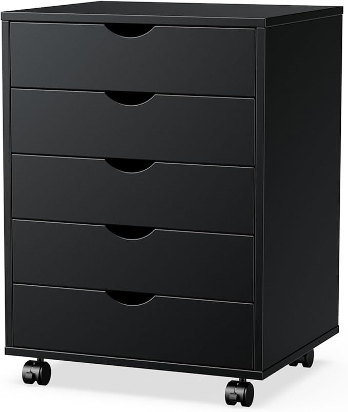 Elevon 5 Drawer Chest, Dressers Storage Cabinets Wooden Dresser Mobile Cabinet with Wheels Room Organizer, Small Drawers Wood Organization Furniture for Office, Home,Black