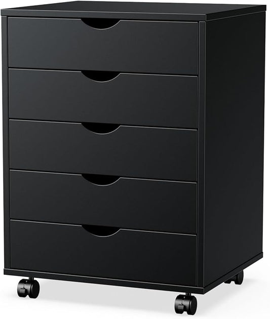 Elevon 5 Drawer Chest, Dressers Storage Cabinets Wooden Dresser Mobile Cabinet with Wheels Room Organizer, Small Drawers Wood Organization Furniture for Office, Home,Black