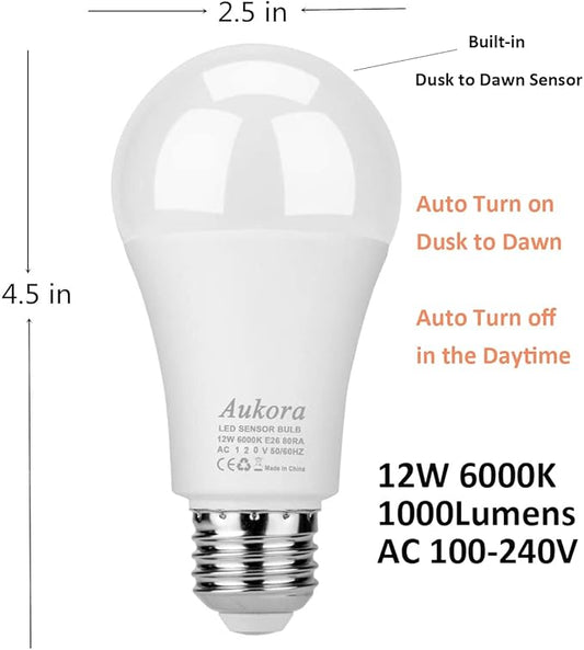 Aukora Dusk to Dawn Light Bulb, 12W (100-Watt Equivalent) Smart Sensor Light Bulbs Super Bright E26 Automatic On/Off Security Lights Outdoor/Indoor for Porch Garage Garden Patio(Cool White 2 Pack)