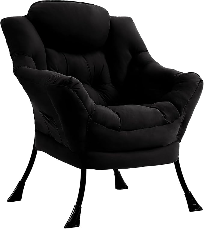 Lazy Chair for Living Room, Modern Accent Chairs with Armrests, Black Armchairs with Side Pocket, Cozy Lazy Sofa for Reading, Balcony, Bedroom, Dorm, Small Spaces