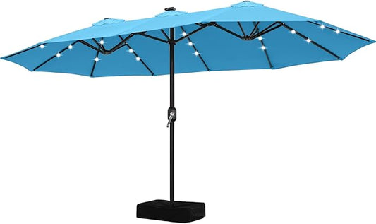 ABCCANOPY 15ft Umbrella Outdoor Patio Solar Lights with Base, Outdoor Double-Sided Rectangle Umbrella for Poolside, Lawn, Backyard (Turquoise)