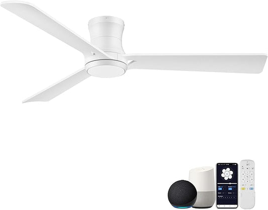 52inch Smart Ceiling Fans with Lights,Low Profile White Wood Ceiling Fans,Remote/APP/Alexa Control,Modern Flush Mount Ceiling fan,Outdoor Indoor for Bedroom Living room Patio,3 Blade,Dimmable,Quiet