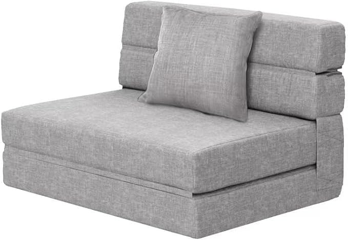 ANONER Folding Sleeper Chair Sofa Bed Lazy Couch with Pillow, Twin Size, Light Gray, Convertible Sleeper Chair and Foam Fold Out Chair Bed