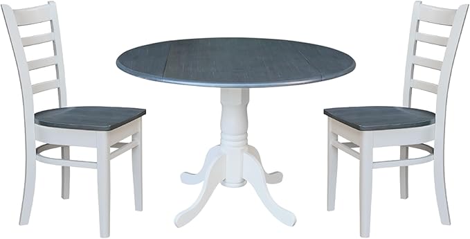 IC INTERNATIONAL CONCEPTS 42" Drop Leaf Wood Table with 2 Emily Side Chairs in White/Heather Gray