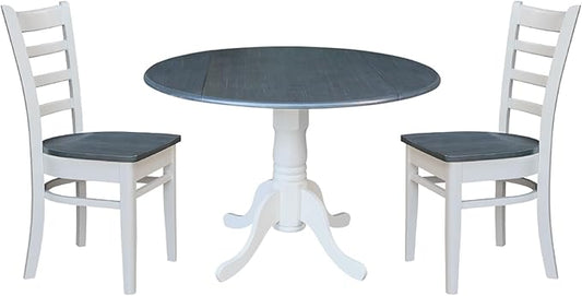 IC INTERNATIONAL CONCEPTS 42" Drop Leaf Wood Table with 2 Emily Side Chairs in White/Heather Gray
