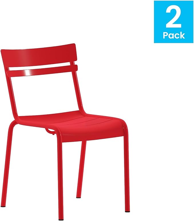 Flash Furniture Nash Commercial Grade Steel Stack Chair, Indoor-Outdoor Armless Chair with 2 Slat Back, Set of 2, Red