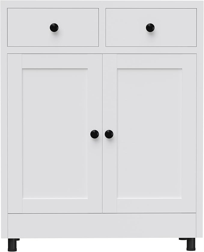 Metal Storage Cabinet with 2 Drawers and Adjustable Shelf, Sideboard Buffet Cabinet for Home, Office, Hallway, Entryway, Living Room, Kitchen Pantry and Dining Room (White)