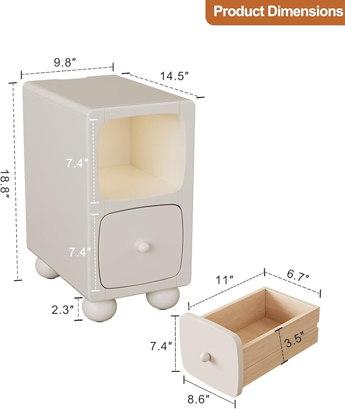 Solid Wood Small Bedside Table with Drawer,Modern Bedside Table,Slim nightstand for Kids Skinny Nightstand Narrow,Bedroom,Study,Toilet(White)