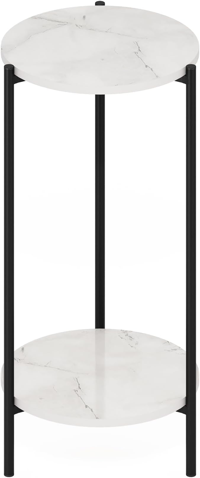 Furinno Besi 2-Tier Modern Tall Round Side End Table with Sturdy Metal Legs, 11.57 (W) x 8.16 (H) x 4.36 (D) inches, Marble White