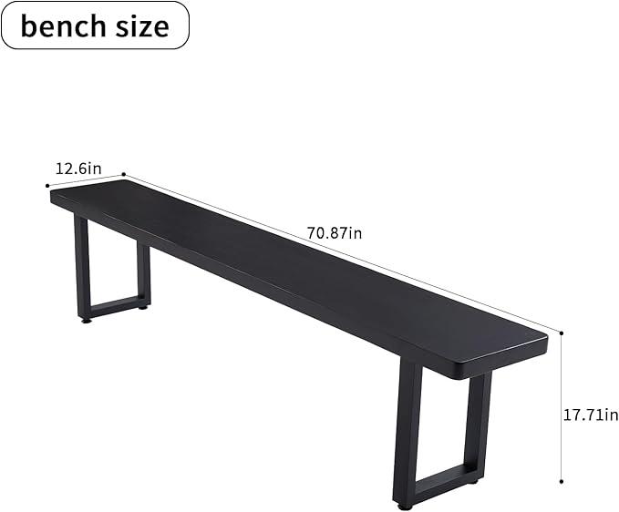 70in Black Solid Wood Dining Bench - Sturdy Metal Legs & Rounded Safety Corners | Modern Indoor Kitchen Bench for Dining Room & Entryway