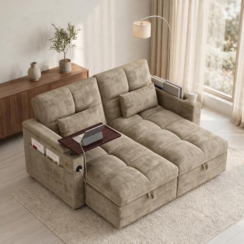 Convertible Sectional Sofa Bed with Storage, Tray & USB Port, Khaki