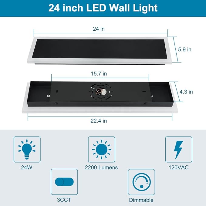 2-Pack 24IN Modern Outdoor Wall Light LED Long Wall Lighting Fixture IP65 Waterproof Wall Lamps, Dimmable 24W 2200LM Black Wall Sconce, 3000K/4000K/5000K Selectable, ETL