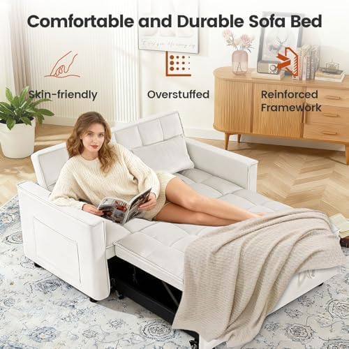 54" Convertible Pull Out Sofa Bed with Adjustable Backrest, White