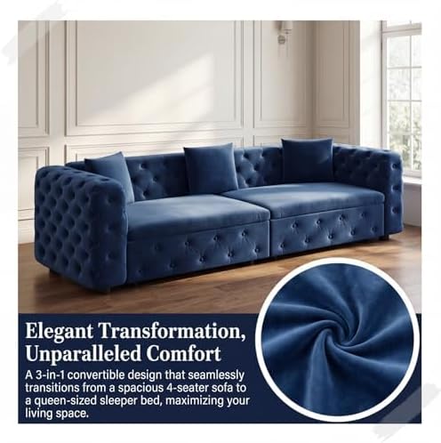 89" 4-Seater Queen Size Pull Out Sofa Bed with 3 Pillows, Blue