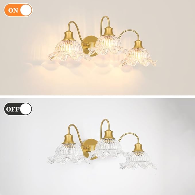 Brushed Gold Bathroom Vanity Light Fixture Vintage 3 Light Bathroom Lighting Over Mirror, Farmhouse 24'' Wall Sconce Lighting with Flower Glass Shades, Easy Mount for Makeup Area, E26 Bulb Compatible
