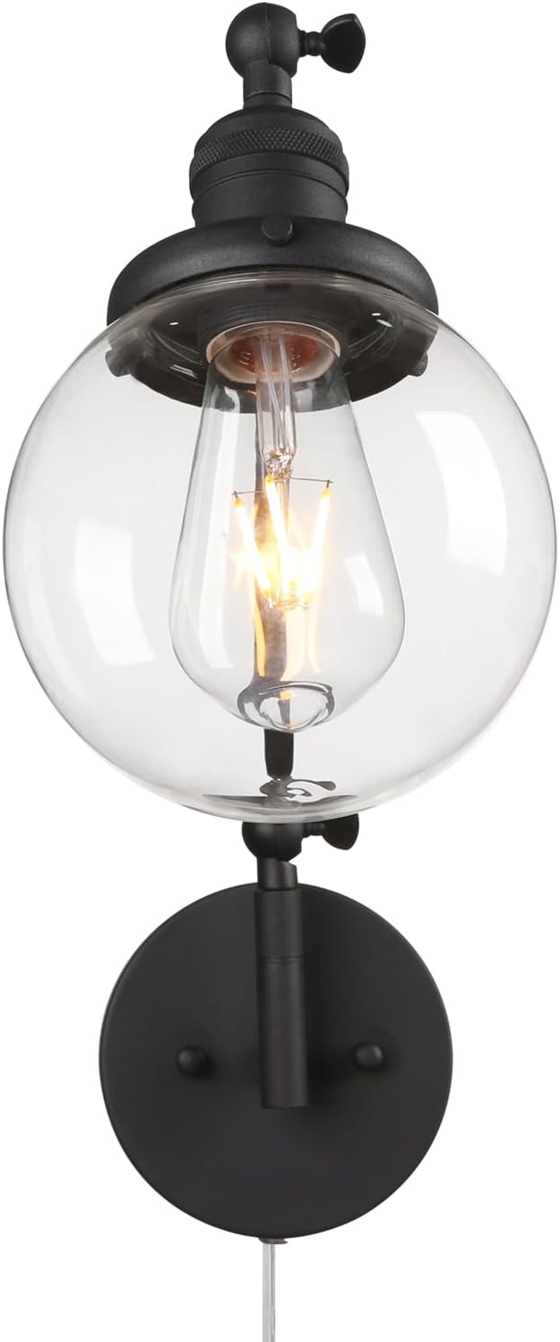PERMO Industrial Wall Sconce Plug in Sconce Swing Arm Wall Light Fixture with 5.9" Glass Globe Shade for Bedroom, Living Room Office (Matte Black)