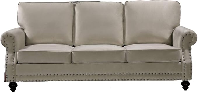 Container Furniture Direct Lotus Mid Century Modern Velvet Upholstered Living Room Rolled Arms, Sofa, Beige