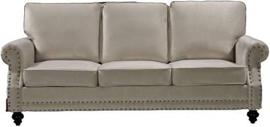 Container Furniture Direct Lotus Mid Century Modern Velvet Upholstered Living Room Rolled Arms, Sofa, Beige