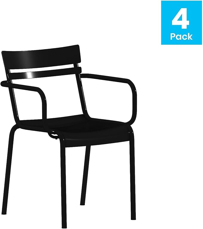 Flash Furniture Nash Commercial Grade Steel Stack Chair, Indoor-Outdoor Arm Chair with 2 Slat Back, Set of 4, Black