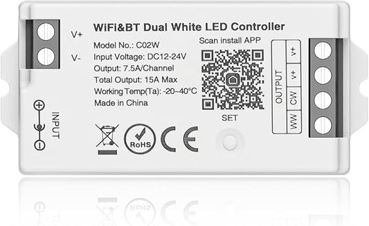 BTF-LIGHTING C02W CCT PWM (+ CW WW) 3PIN Color Temperature LED Strip Dual White 2.4GHz Tuya WiFi Group Controller Alexa Google Home Compatible with WR02RF RC02RFB Remote