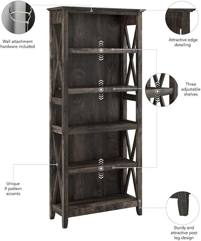Bush Home Key West 5 Shelf Bookcase - Set of 2 | Tall Bookshelves in Dark Gray Hickory | Sturdy Display Shelves for Library, Living Room, and Home Office