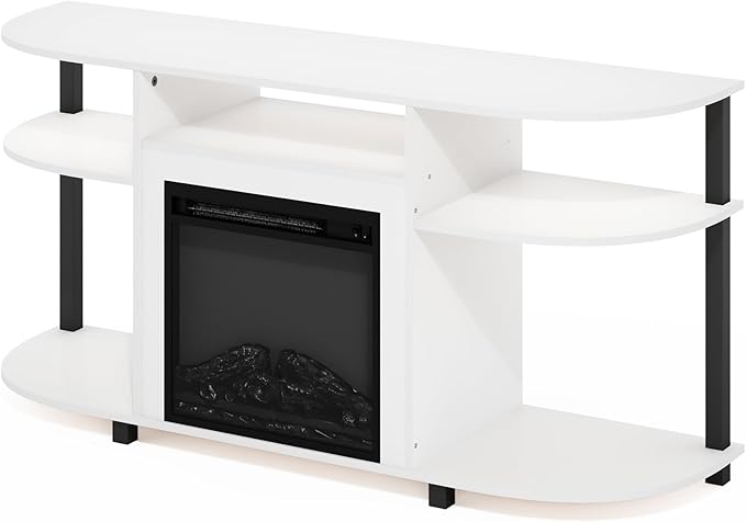 Furinno Jensen Fireplace TV Stand, Curved Entertainment Center, TV Console for TV up to 55 Inch with Fireplace and Open Storage, for Living Room, Bedroom, Solid White