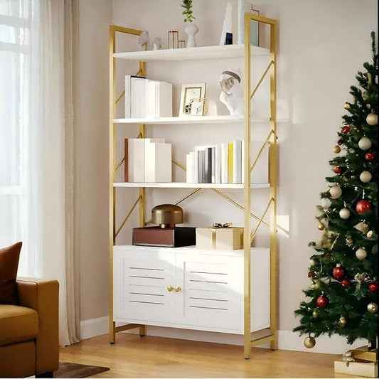 YITAHOME Bookshelf with Storage Cabinet, Modern Bookcase Standing 5 Tiers Book Shelves Display Rack with Doors for Bedroom Living Room Office, White Gold