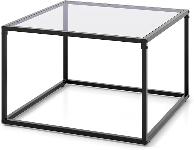 Giantex 27.5" Square Coffee Table - Tempered Glass Center Table w/Metal Frame, Modern Accent Table for Small Space, Living Room, Home, Office, Easy Assembly (1-Tier, Gray)