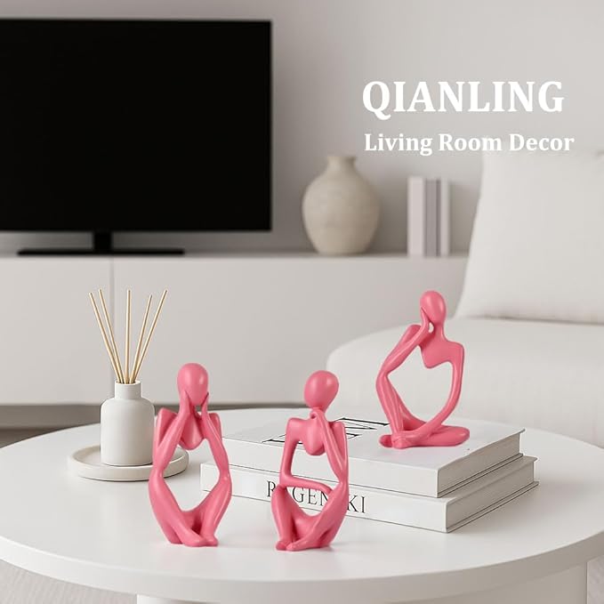 Pink Thinker Statue Decor for TV Stand, Shelf, Desk, or Coffee Table - Set of 3 Resin Figurines for Living Room Decorative Objects, Modern Sculpture, Minimalist Bookcase Decor, Home Accents