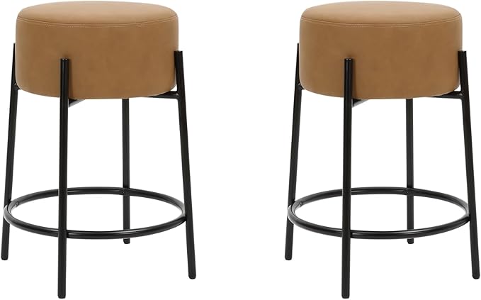 Nathan James Isaac 24" Modern Backless Bar Stool with Round Soft Padded Upholstered Seat and Metal Mid-Century Base, PU Light Brown/Black, Set of 2