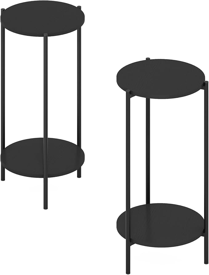 Furinno BESI Side Table Set of 2, 2-Tier Small Round End Table with Metal Legs, Metal Frame Night Stand, Bedside Table with USB and Type-C Charging Port, for Living Room, Bedroom, Americano