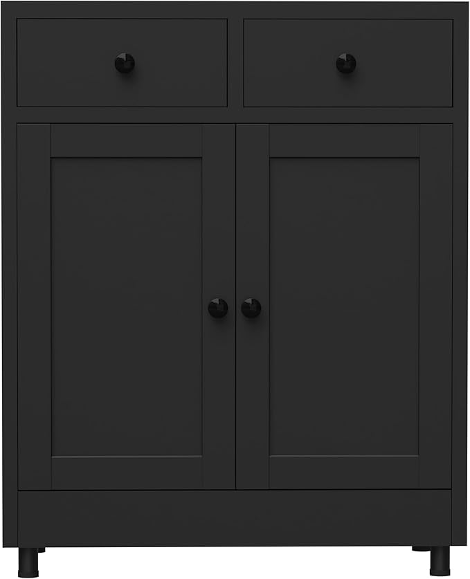 Metal Storage Cabinet with 2 Drawers and Adjustable Shelf, Sideboard Buffet Cabinet for Home, Office, Hallway, Entryway, Living Room, Kitchen Pantry and Dining Room (Black)