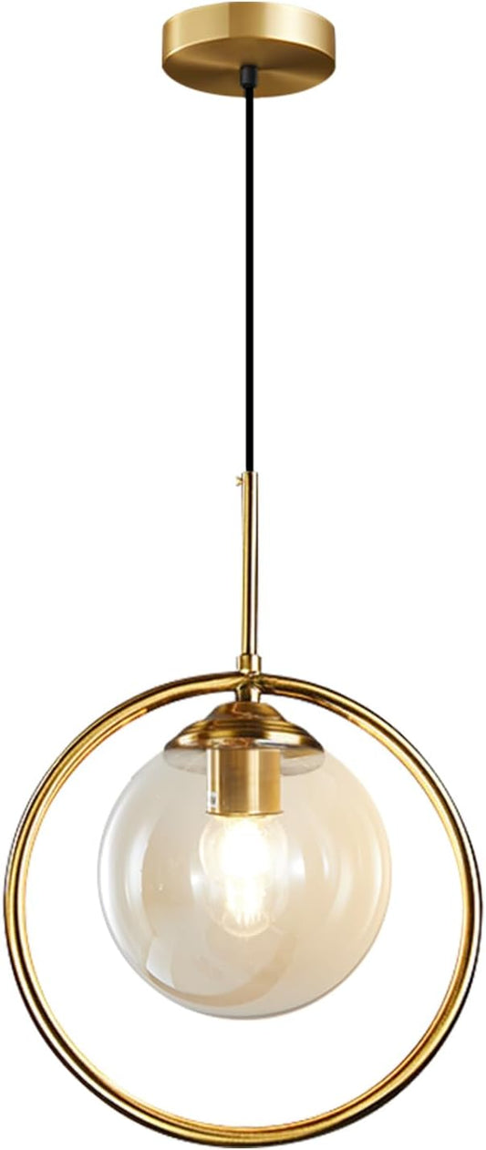 BOKT Modern 1-Light Globe Pendant Light Mid Century Amber Glass Ball Pendant Lighting Brushed Gold Single Round Circle Hanging Lamp Kitchen Island Dining Room Pendant Light Fixture