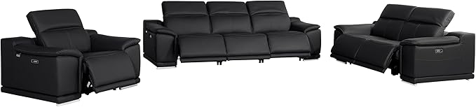 Blackjack Furniture Venice Top Grain Italian Leather 6 Power Recliner Seaters 3 Piece Sofa Set with Adjustable Headrests Modern Luxury Seating Sofa, Loveseat and Chair for Living Room Lounge, Black