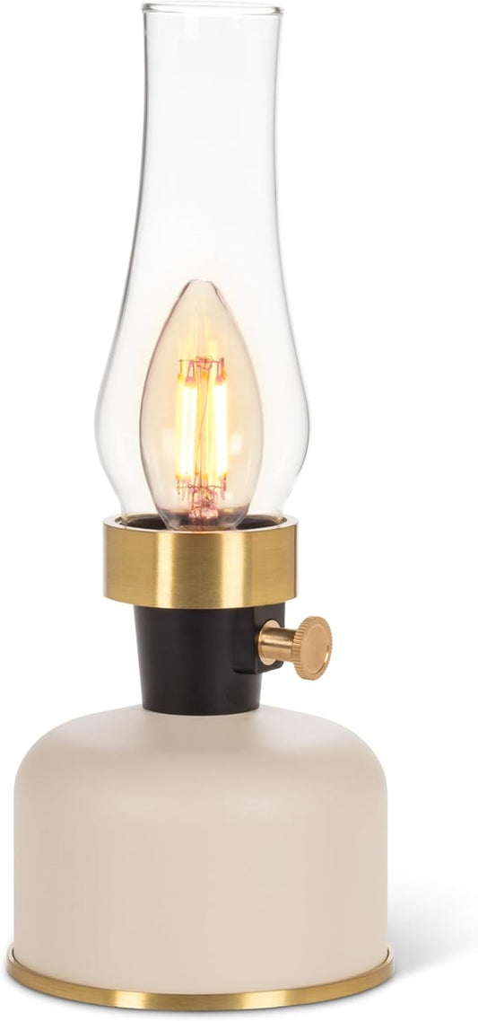 Abbott Collection Lantern LED Lamp with Chimney, Portable Table Light - Metal/Glass, Ivory (10.5" H)
