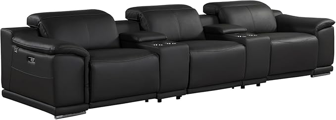 Blackjack Furniture Venice Top Grain Italian Leather Power Recline 5 Piece Sofa - 134" Theater Seating Modern Couch for Living Room Apartment Lounge Home with Adjustable Headrests & USB Port, Black