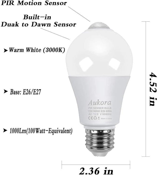 Aukora Motion Sensor Light Bulbs 4-Pack, 12W (100-Watt Equivalent) E26 Motion Activated Dusk to Dawn Security Light Bulb Outdoor/Indoor for Front Door Porch Garage Basement Hallway Closet(Warm White)