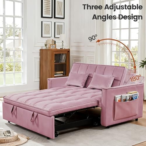 54" Convertible Pull Out Sofa Bed with Adjustable Backrest, Pink