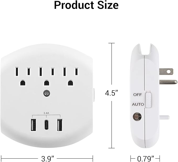 Clear Power 2-Pack USB Wall Charger, 3-Outlet Extender Wall-Tap with 3 USB Charging Ports(1 USB-C) & Nightlight, 3-Prong, White, ETL Listed, DC3S-10032P-DC