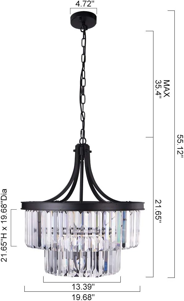 Wellmet Crystal Chandeliers for Dining Room Lights Fixtures, 5 Light Black Chandeliers for Bedroom, 2-Tier Round Crystal Lighting Fixtures for Living Room Entryway Kitchen Island D19.68 Inch