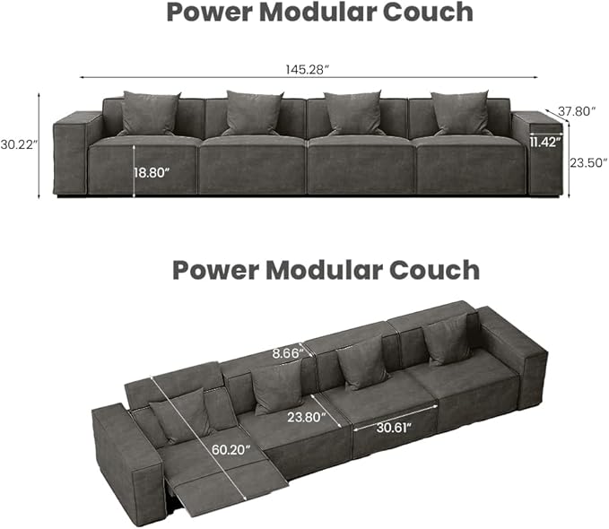 145'' Power Sofa for Living Room, Electric Recliner Sofa, Sofa with Pillows, Sectional Sofas with Recliners, Pet Friendly, Free Combination for Home, Dark Grey