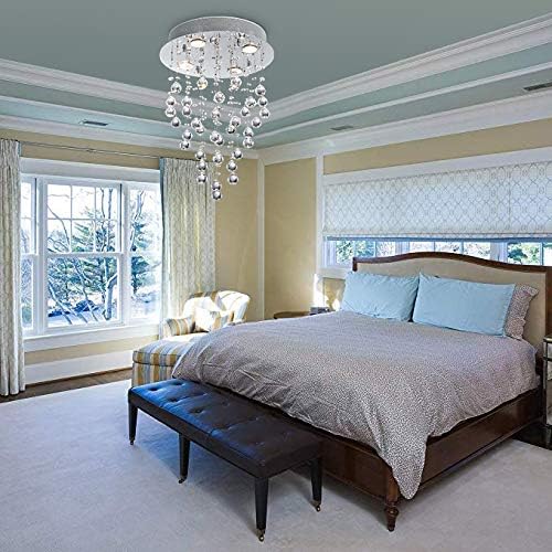 Bestier Modern Crystal Round Raindrop Chandelier Lighting Flush Mount LED Ceiling Light Fixture Pendant Lamp for Dining Room Bathroom Bedroom Livingroom 4 GU10 Bulbs Required 14 in Wide 20 inch High